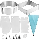 ZEONHEI 24 Stück Verstellbar Tortenring Set 15-30cm Kuchenring Rund und 15-27.5cm Backrahmen Quadratisch, Kuchenring Set mit 2 Spritzbeutel und 12 Edelstahl Spritztüllen, 6 Kuchenschaber, 2 Adapter