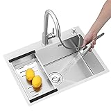 Spülbeckenvorbereitungsspüle, Edelstahl, großes Einzelwaschbecken, Arbeitsplattenspüle, Bartheke, Handspüle, Küchenspüle mit Zubehör (Farbe: Silber, Größe: 75 x 45 x 20 cm)