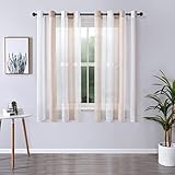 MRTREES Voile Gardinen Kurz Vorhang Halbtransparent Streifen Stores Schals mit Ösenschal Moderner Wohnstil Weiß+Khaki 160×140cm (H×B) für Dekoration Kinderzimmer Wohnzimmer Schlafzimmer 2er-Set