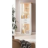 Lomadox Landhaus Vitrine mit offenen Fächern in Pinie weiß mit Eiche Nb. inkl. LED-Beleuchtung, Schrank, Hochschrank, Vitrinenschrank, Wohnzimmer, Esszimmer B/H/T ca. 71/205/40 cm