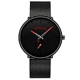Herren Uhren Ultra Dünne Schwarze Minimalistische Quartz mit Milanese Mesh Edelstahl Und Roter Zeiger