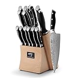 Damastmesser Set mit Buchenholzmesserblock, Messerblock mit Messer Scharfem Profi Kochmesser Küchenmesserset VG10, 67 Schichten Überlegene Damaststahlklingen (15er Damastmesser Set)