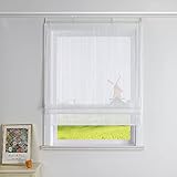 CORLIF Raffrollo Gestreifte Raffgardinen mit Streifen mit Baumwollgarn-Optik Gardinen Landhaus Bändchenrollo Küche Transparente Rollos Modern für Fenster mit Klettband Weiß BxH 100x140 cm 1 Stück