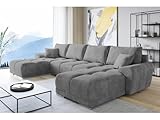 ML Furniture Velvet Ecksofa in U-Form – Grau Sofa – Couch mit Stauraum und Kissen - Ausziehbares Schlafsofa – Sofa mit Schlaffunktion - Schlafsofa mit Bettkasten – Gästebett – 365 x 189 cm