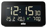 Braun Digitaler Wecker mit Datums-, Monats- und Temperaturanzeige, negativem LCD-Display, Schnelleinstellung und anschwellendem Alarm-Piepton in Schwarz, Modell BC10B.