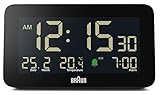 Braun Digitaler Wecker mit Datums-, Monats- und Temperaturanzeige, negativem LCD-Display, Schnelleinstellung und anschwellendem Alarm-Piepton in Schwarz, Modell BC10B.