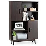 COSTWAY Bücherschrank mit 2 Türen und 4 offene Regale, Bücherregal Holz, Standregal Holzregal Aufbewahrungsregal für Wohnzimmer, Arbeitszimmer 80x24x120cm (Dunkelbraun)