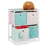 Relaxdays Kinderregal mit 4 Boxen, Jungen & Mädchen, Lama-Design, Regal Kinderzimmer, Spielzeug, HBT 62 x 53 x 30, bunt