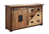 MASSIVMOEBEL24.DE | Railway breite Kommode aus Massivholz #121 | aus Mangoholz - Natur, lackiert | 140x45x85 cm | 2 Fächer, 6 Schubladen - mit Schiebetür | Sideboard Schrank