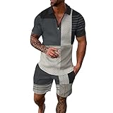 Herren Sportswear Print Kurzarm Zip Shirt Shorts Set Sommer Lässige Streetwear Anzüge Anzugsack Kleidersack (Grey-A,Grey-A)