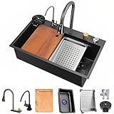 BEANKI Küchenspüle Schwarz Edelstahl mit Wasserhahn Ausziehbar Raindance Wasserfall Spüle Küche Dunkelgrau Spülbecken Eckig Küche inkl Siphon, Tassenreiniger, Schneidebrett (80 x 45 cm)