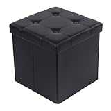 SONGMICS Sitzhocker 40 Liter, Aufbewahrungsbox, Fußhocker, faltbar, bis 300 kg belastbar, Bezug aus Kunstleder, gepolstert, schwarz LSF30B, 38 x 38 x 38 cm