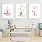 3 Stück Segelfisch Möwe Rosa Ozean Kinderzimmer Drucke Nordische Poster Wandkunst Leinwand Gemälde Bilder Baby Kinder Schlafzimmer Zimmer Dekor Kunstwerk-A4 (Ohne Rahmen)