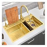 Küchenspüle Edelstahl Waschbecken Doppelbecken-Küchenspüle mit ausziehbarem Wasserhahn Drop-In-Küchenspüle Gold-Küchenspüle Aufgesetzte Küchenspüle Edelstahl-Küchenspülen