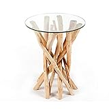 Invicta Interior Design Teakholz Couchtisch Beistelltisch Driftwood mit Glasplatte rund Glastisch Wohnzimmertisch