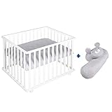 roba Set inkl. Laufgitter 75 x 100 cm + Mikrofaser-Bettschlange - Laufstall Komplettset mit Einlage roba Style grau - 3-fach höhenverstellbar - Holz weiß