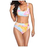 Tie dye Zweiteilig Bikini-Set Damen Boho Style Drucken Bademode mit Verstellbarem BH Rückengurt Design, Frauen Push up Spaghetti Strapsen Triangle Badehose Set Rückenfrei High Waist Badeanzug Bikini