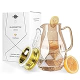 NIUXUAN Glaskaraffe-Wasserkaraffe 1.8 Liter mit Edelstahl Rostfreier Stahl Deckel,Glas Wasserkrug für Kalte und Heiße Getränke, Auslaufsicher Karaffe auch als Teekanne (Champagne)