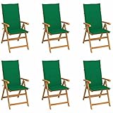 ZEYUAN Gartenstühle 6 STK. mit Grünen Kissen, Gartensessel, Campingstuhl, Hochlehner, Balkonstuhl, Balkonmöbel, Terrassenstühle, Balkon Stuhl, Massivholz Teak