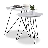 Relaxdays Beistelltisch 2er-Set, runde Satztische mit Metallgestell, Ablagetische, Tischplatte 40 u. 48 cm, MDF, Schwarz-Weiß, Standard