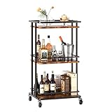 OKZEST 3-stöckiger Rollbar Wagen für Zuhause, Utility Kitchen Aufbewahrung Servierwagen mit Rädern, abschließbarer Mini-Kaffee-Barwagen für Party, Wein, Cocktail, Wohnzimmer, rustikales Braun