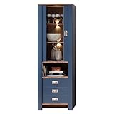 DIJON Vitrine in Parisian Blue, Haveleiche Cognac Optik - Moderner Vitrinenschrank mit LED-Beleuchtung und viel Stauraum - 65 x 201 x 38 cm (B/H/T)