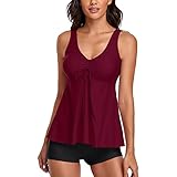 YEJSERE Badeanzug für Damen, 2-teilig, Tankini, Rüschen, Bauchkontrolle, Top mit Boyshorts, Vintage, Swimwear, Bauchschutz, Tankini, elegant, Strand, Blumenmuster mit Rock, 3 Weine, XX-Large