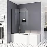 Duschwand für Badewanne 110 x 140 cm Schwarz Duschabtrennung Sicherheitsglas Faltwand für Badewanne NANO Glas Badewannenaufsatz 6mm ESG Duschwand