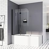 Duschwand für Badewanne 120 x 140 cm Schwarz Duschabtrennung Sicherheitsglas Faltwand für Badewanne NANO Glas Badewannenaufsatz 6mm ESG Duschwand