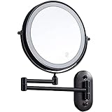 Make-up-Spiegel, 20,3 cm, Wand-Make-up-Spiegel, schwarz, wiederaufladbar über USB, doppelseitig, mit 3-farbigen LED-Leuchten, 1-fach/10-fach vergrößernder Badezimmerspiegel for Rasieren, ausziehbarer