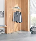 PHOS Design, GST2G, Standgarderobe mit Kleiderstange aus massivem Edelstahl, inkl. satinierter Glasablage, Garderobenständer mit Hutablage, Kleiderständer mit Ablagefach, frei stehend, platzsparend