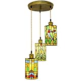 PAZWAHF Buntglas-Kuppel-Pendelleuchte mit 3 Leuchten, verstellbare Hängeleuchten, Buntglas-Hängeleuchte im Tiffany-Stil für Esszimmer und Wohnzimmer