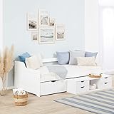 Homestyle4u 1422 Holzbett Kiefer massiv, Einzelbett aus Bettgestell mit Lattenrost und Schubladen, 90x200 cm, Weiß