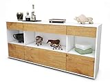 Stil.Zeit Sideboard Fabiana - Korpus Weiss matt - Front Holz-Design Eiche (180x79x35cm) Push-to-Open Technik & Leichtlaufschienen