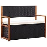 vidaXL Akazienholz Massiv Bank mit Stauraum Sitzbank Gartenbank Gartentruhe Truhenbank Kissentruhe Kissenbox Auflagenbox 115cm Poly Rattan Schwarz