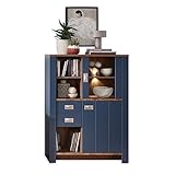 Stella Trading Dijon Vitrine in Parisian Blue, Haveleiche Cognac Optik-Moderner Vitrinenschrank mit LED-Beleuchtung und viel Stauraum, 98 x 134 x 38 cm