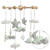 Minime Baby Mobile für Babybett Wickeltisch, Windspiel, Hängende Bettglocke, Babyzimmer, Teddy, Schildkröte, Bio-Baumwolle, Gehäkelt, Holz - Babyausstattung für Mädchen und Jungen (Mintgrün)