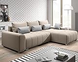 Furnix Ecksofa Loreta mit Schlaffunktion und Bettkasten - Couch L-Form Sofa mit Kissen - Stellfüße in Chromoptik - B260 x H98 x T179 cm, Liegefläche: 148 x 205 cm - EN2-20 (Beige)