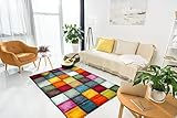 Mia´s Teppiche Stone Wohnzimmer Teppich Hand Carved, Kurzflor, Farbenfroh, Bunt, Blau, Rot, Braun, Grün, Grau, Kariert, 200 x 290 cm