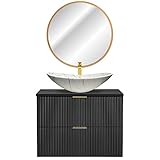 Lomadox Waschplatz Set, 81cm, mit marmoriertem Aufsatzbecken und LED-Spiegel, matt schwarz mit gerillter Front, B/H/T ca. 81/200/46,5 cm