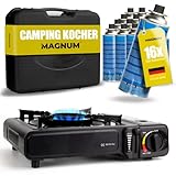 Magnum Gaskocher inkl. 16 Gaskartuschen - robuster Campingkocher mit Gaskartusche – Gaskocher mit Kartusche 1-flammig – Campingkocher stufenlos regulierbar mit Piezozündung