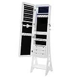 SONGMICS Schmuckschrank mit 8 LEDs mit abgerundeten Kanten Spiegel, abschließbarer Schmuckorganizer mit 6 Schubladen und Ohrring Aufbewahrung, Weiß JBC89WT