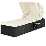 Casaria Polyrattan Sonnenliege mit Faltdach 5-Fach Höhenverstellbar Klapptisch 7 cm Auflage Garten Terrasse Gartenliege Liege Schwarz Creme 195 x 60cm