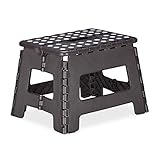 Relaxdays Klapphocker M, faltbar, tragbar, Reise Tritthocker, Kinder Badhocker, bis 120 kg, Kunststoff, 22cm hoch, dunkelgrau