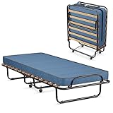 GIANTEX Gästebett klappbar, Klappbett 80x190cm Erwachsene, Einzelbett mit Matratze aus Memory-Schaum, Reisebett mit 4 Rollen, klappbares Bett Faltbett Metallbett Metallrahmen 130 kg belastbar (Blau)