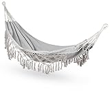 Hängematte 200x150cm, bis 200 kg, Outdoor Doppelhängematte für 1-2 Personen, aus Baumwolle im Boho-Stil für Garten, Balkon, Terrasse, Atmungsaktiv Hängematte für Kinder und Erwachsene Grau
