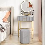 BUJOG 60 x 40 cm großes Schminktisch-Hocker-Set, Schminkkommode mit 3-farbigen LED-Leuchten, Spiegel und Schublade, Schlafzimmerkommode mit Marmorplatte