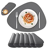 Deyooxi Tischsets Abwaschbar - 6er Set Platzsets Abwaschbar Oval mit 6er Untersetzer rutschfest Platzdeckchen Doppelseitigen Tischsets Leder, PU Kunst Leder Hitzebeständig - 41.5×31cm,Grau