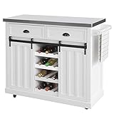 SoBuy FKW94-W Design Küchenwagen mit Flaschenablage Küchenschrank mit 2 Schiebetüren und 2 Schubladen Kücheninsel mit Edelstahlplatte Sideboard Weiß BHT ca.: 116x95x46cm