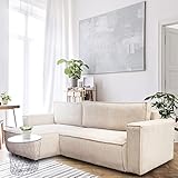 payé Ecksofa mit Schlaffunktion - Boho - Beige - Cord Stoff - Moderne Eckcouch für Wohnzimmer mit Rückenkissen Schlafsofa